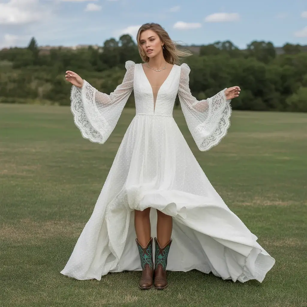 Bohemian wedding dress with dramatic bell sleeves paired with turquoise-accented cowboy boots