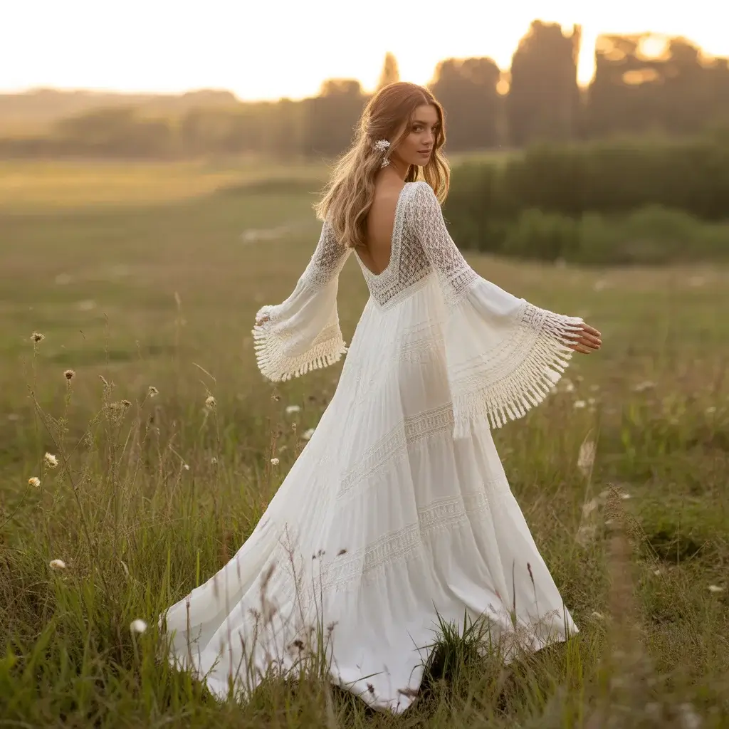 Bohemian wedding dress with flowing bell sleeves and intricate lace covering the entire back in outdoor setting