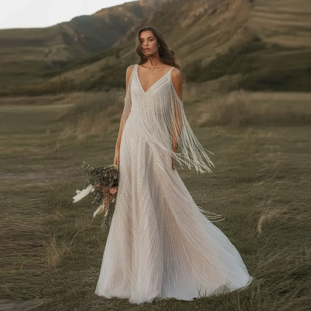 Bohemian wedding dress with flowing crystal fringe and V-neckline in outdoor setting
