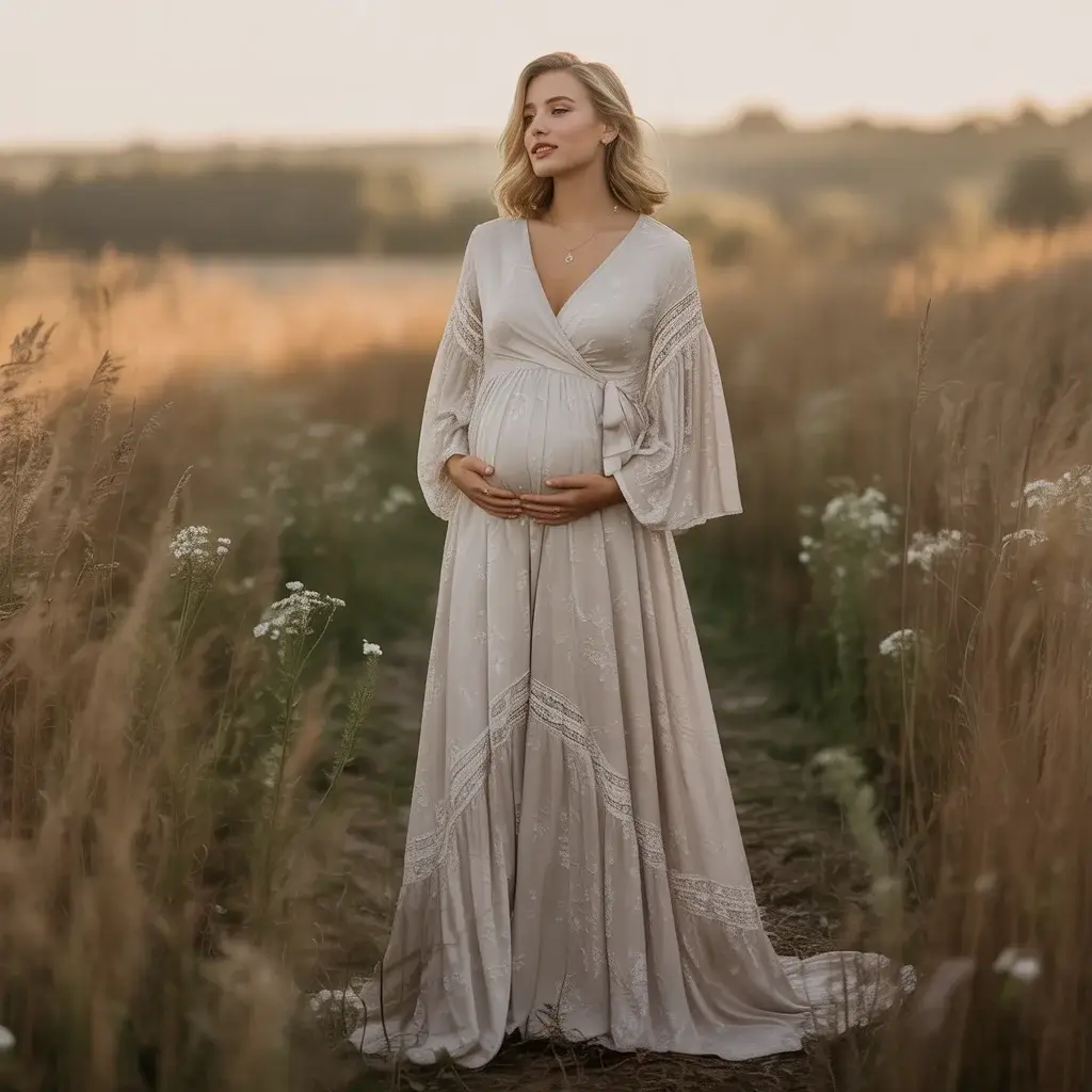 Bohemian wrap style maternity wedding dress.