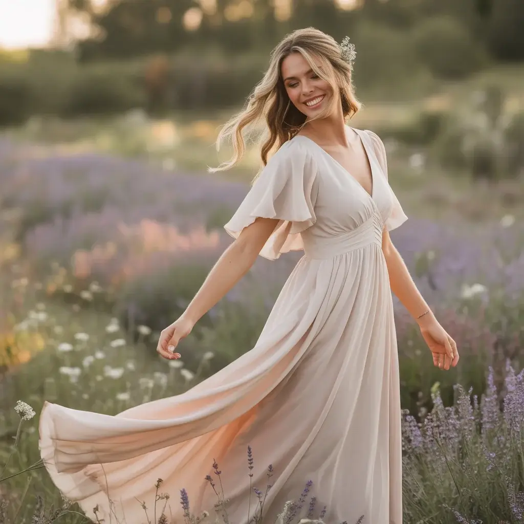 Boho Champagne Chiffon Dress with Flutter Sleeves