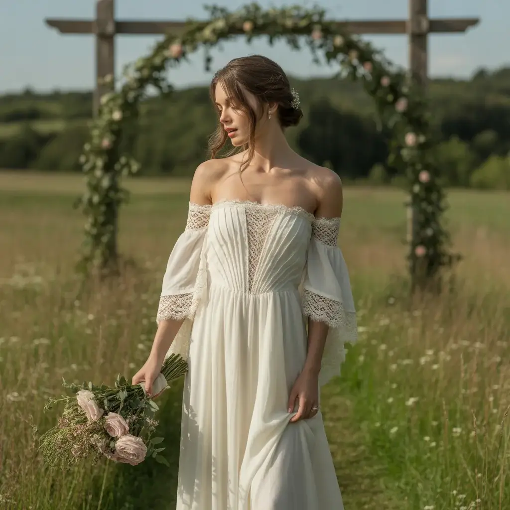 17 Wedding Dresses with Poofy Sleeves Brides Love 9 Boho Chic Off-Shoulder with Flowing Sleeves