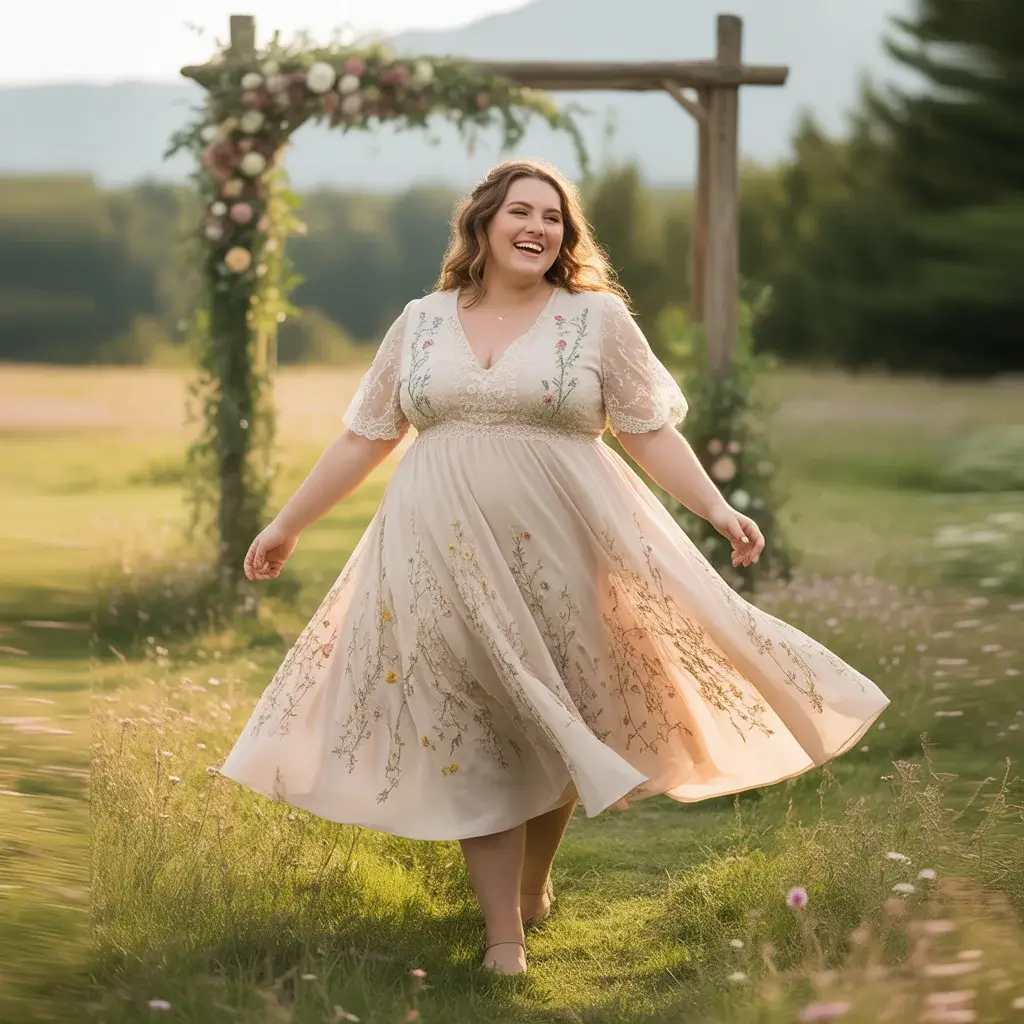 Boho Floral Embroidered Midi wedding dress