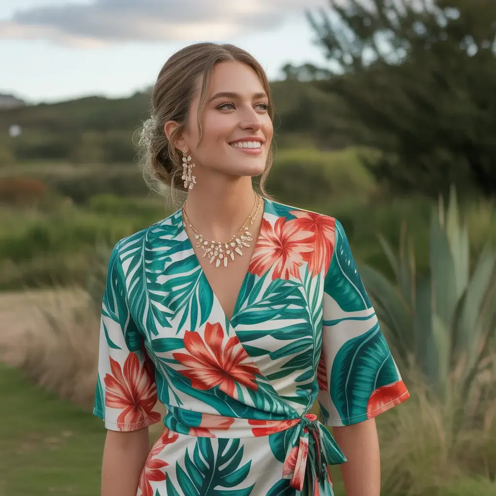 Bold Tropical Print Wrap Dress