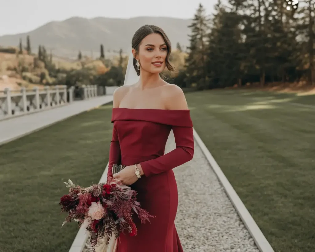 white christmas dresses Burgundy Off-The-Shoulder A-Line Satin Wedding Dresses Bridal Gowns with Lace main image 0