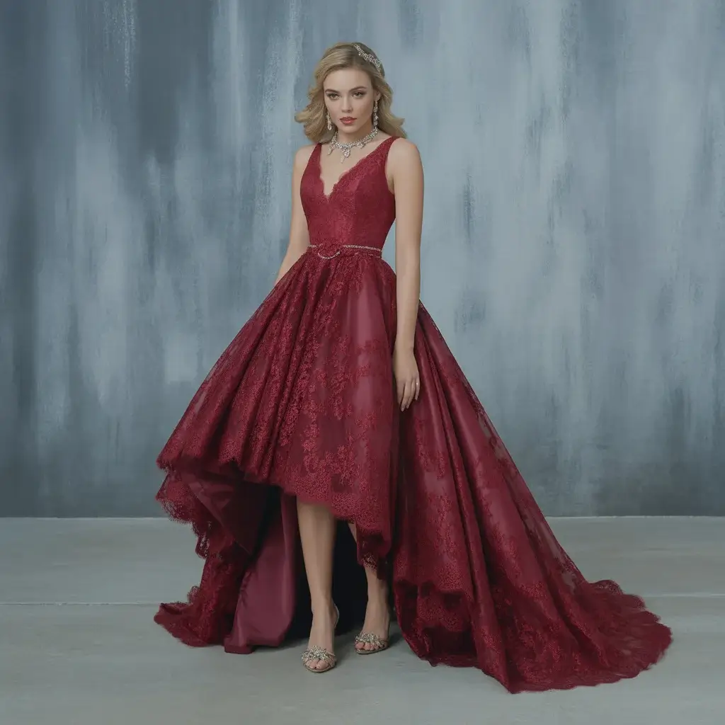 Top 19 Red Wedding Dresses That Are Breaking Pinterest Right Now 13 Burgundy High Low Hemline Wedding Gown