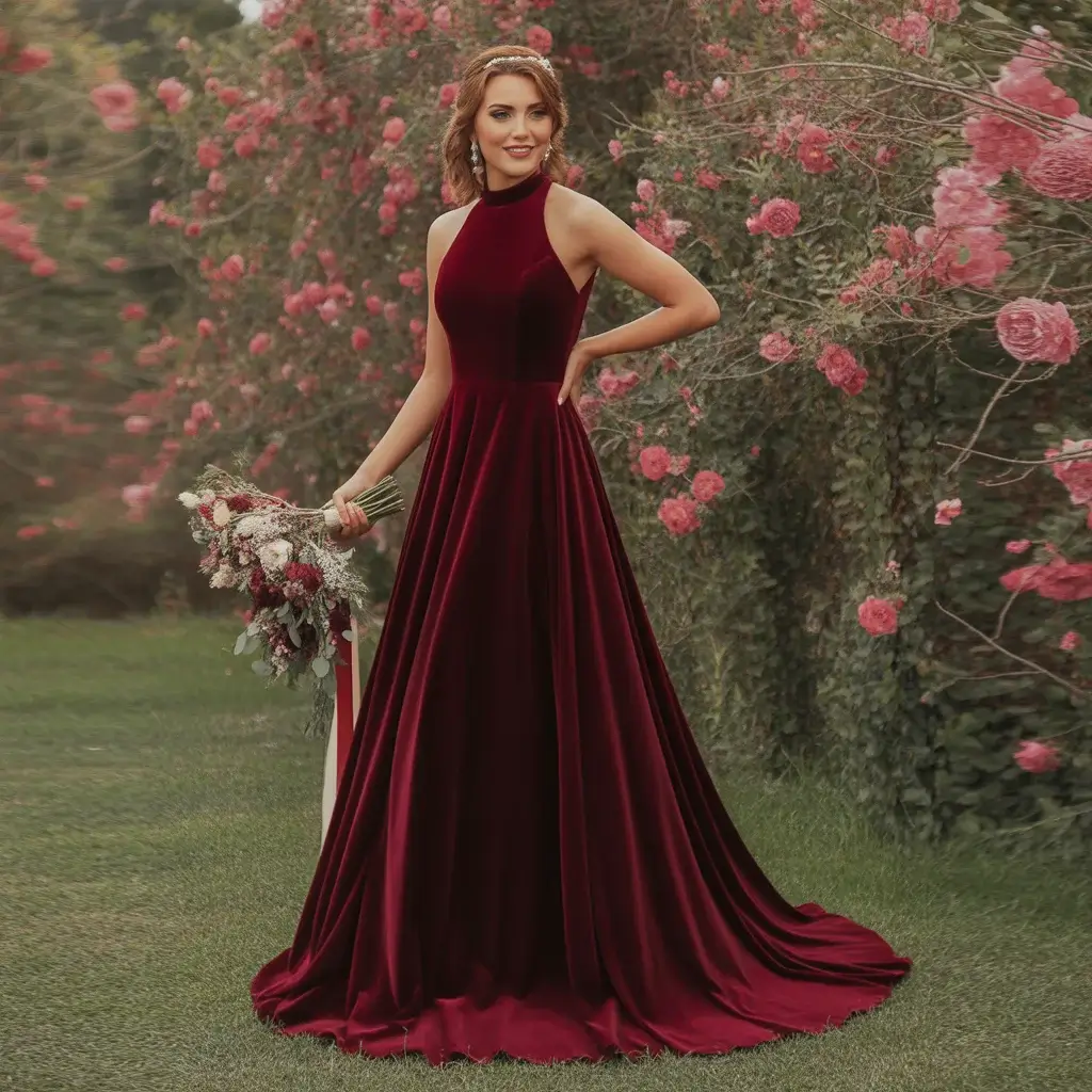Burgundy Velvet Dress with High Neckline