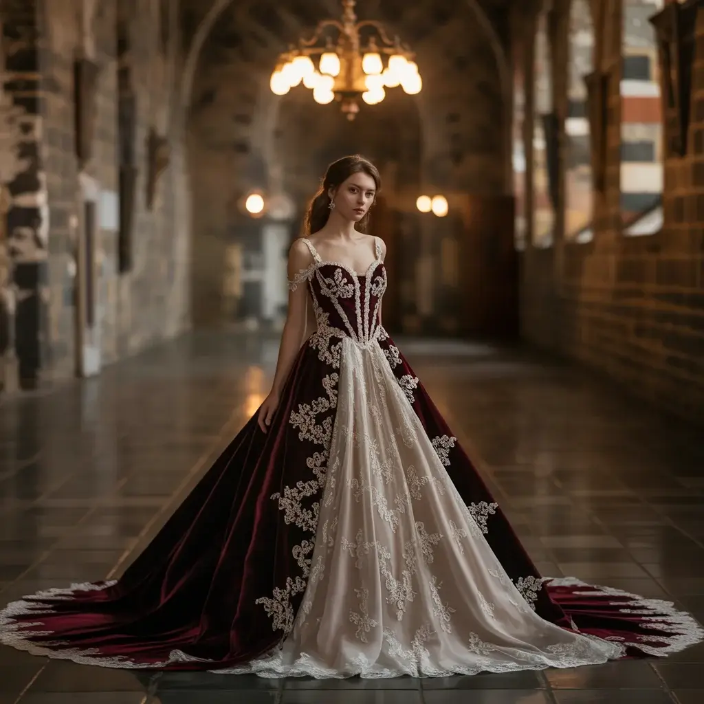 Burgundy and Ivory Drama wedding Dress
