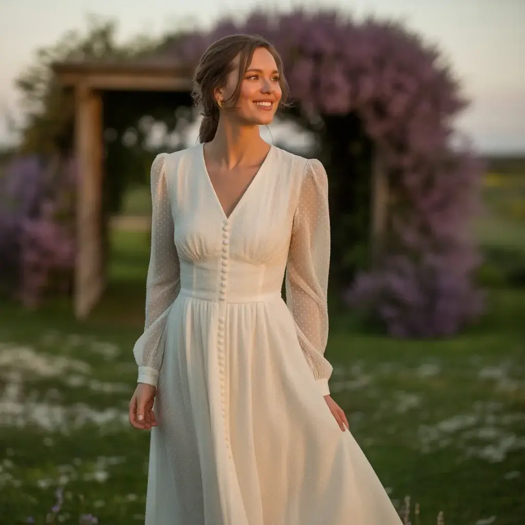 15 Long Sleeve V Neck Wedding Dresses Brides Are Pinning 13 Buttoned Long Sleeve V Neck A-Line Gown