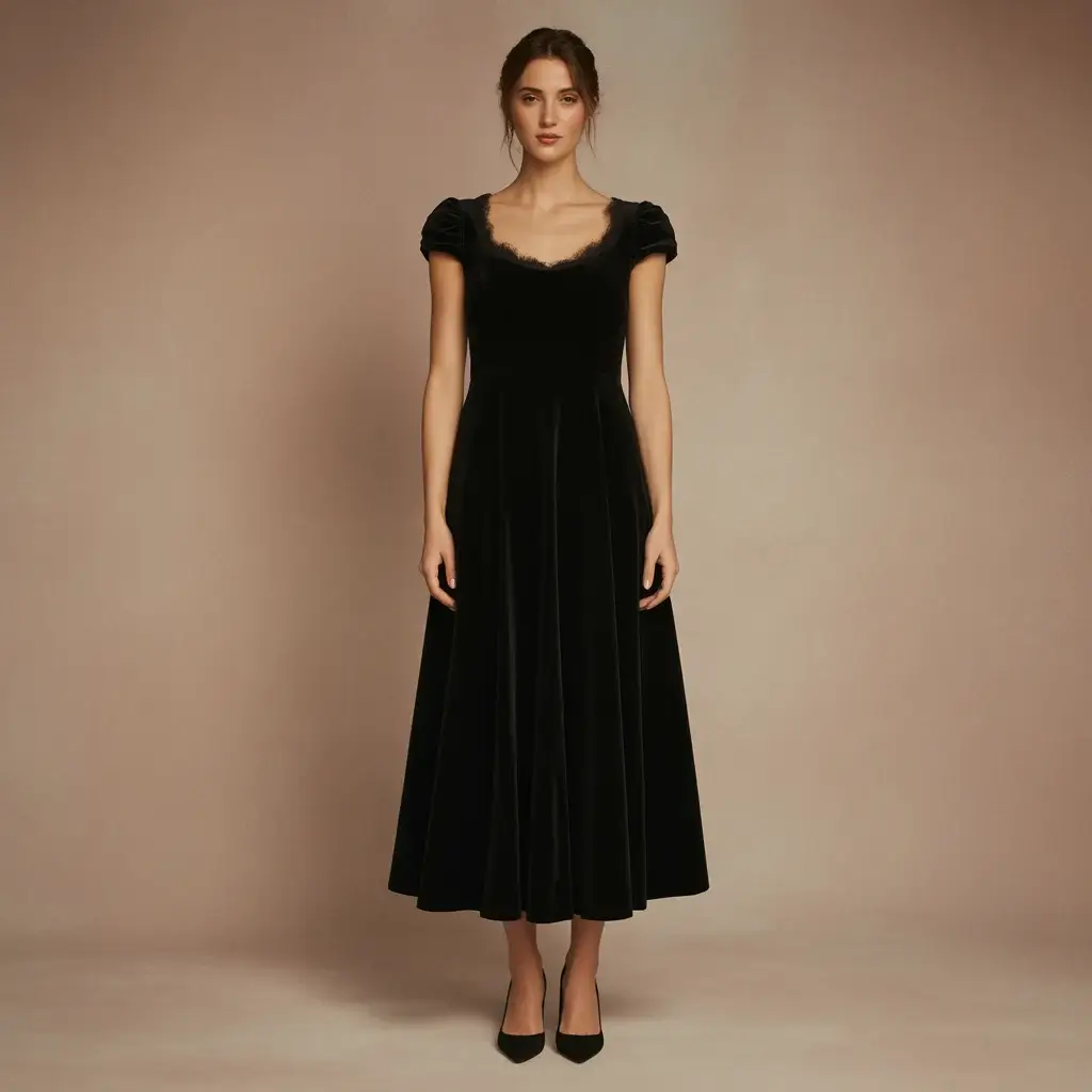 Cap sleeve black velvet A-line dress with delicate feminine details
