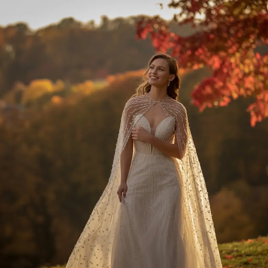 Top 15 Fall Formal Wedding Attire Looks That Are Trending Right Now 10 Cape Detail Evening Dress