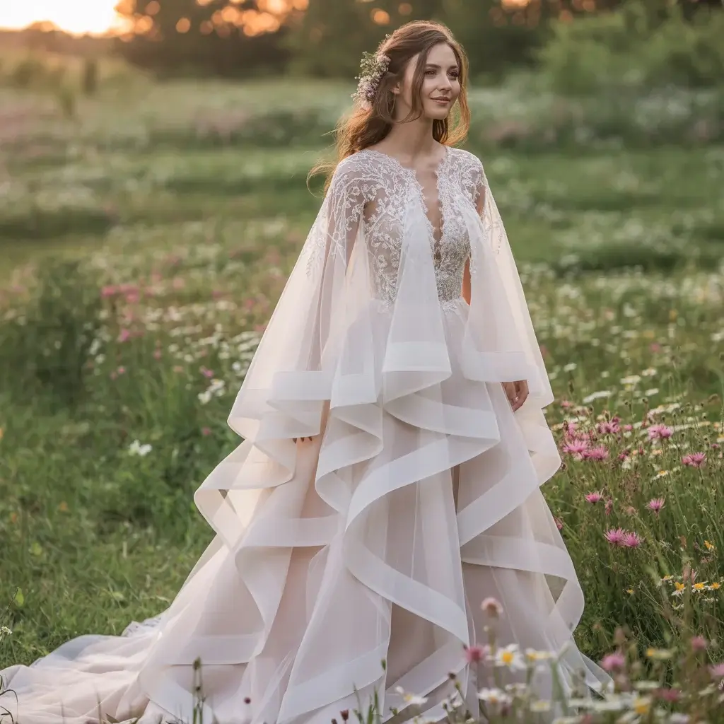 Cape Sleeve Tiered Drama Dress