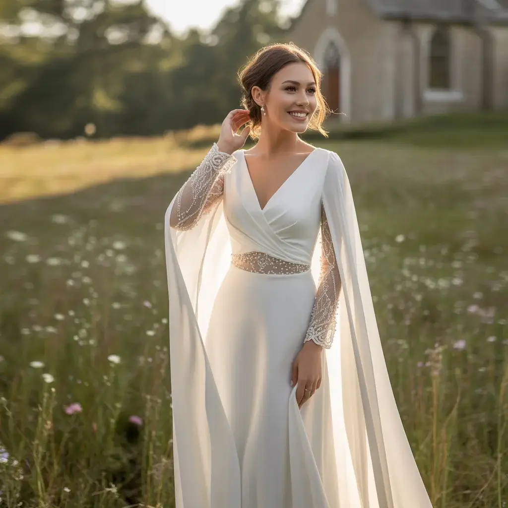 15 Long Sleeve V Neck Wedding Dresses Brides Are Pinning 14 Cape-Style Long Sleeve V Neck Dress