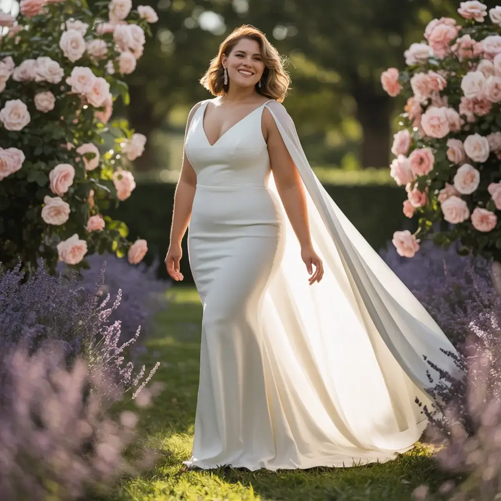 Top 13 Plus Size Wedding Dresses to Hide Stomach That Brides Are Pinning Right Now 9 Cape-Style Overlay with Minimalist Sheath