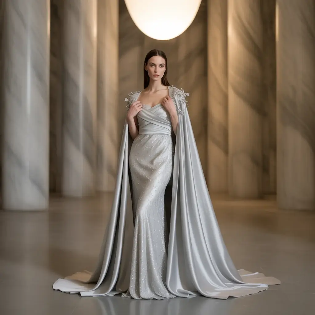 Cape-style silver evening gown with flowing silk georgette cape and structured bodice