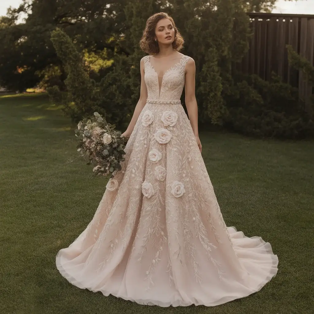 Cascading Rose Embroidered A-Line Gown