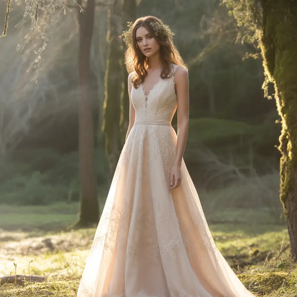 Champagne Forest Romance Wedding Gown With Warm Earthy Tones And Sophisticated Natural Beauty