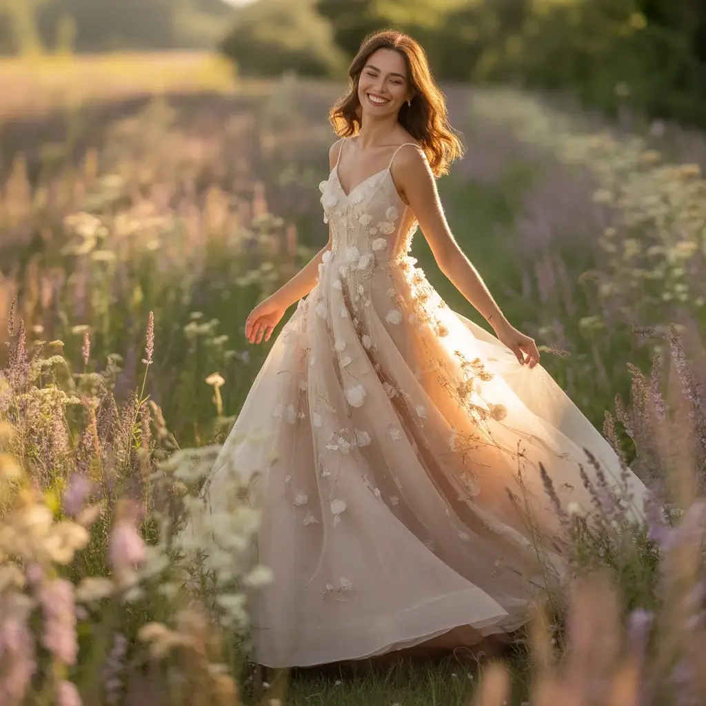 Champagne Organza Gown with Floral Appliques