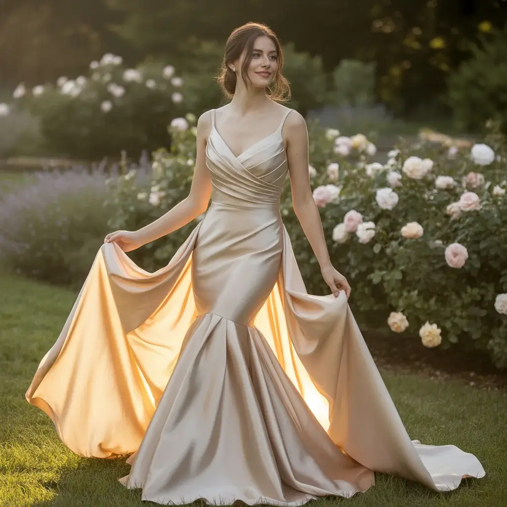 Champagne Satin Mermaid Dress with Train