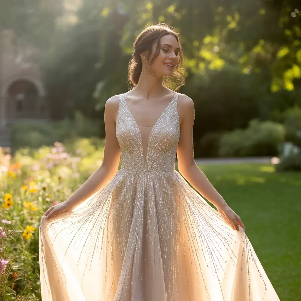 Champagne Sequin Gown with Deep V Neckline