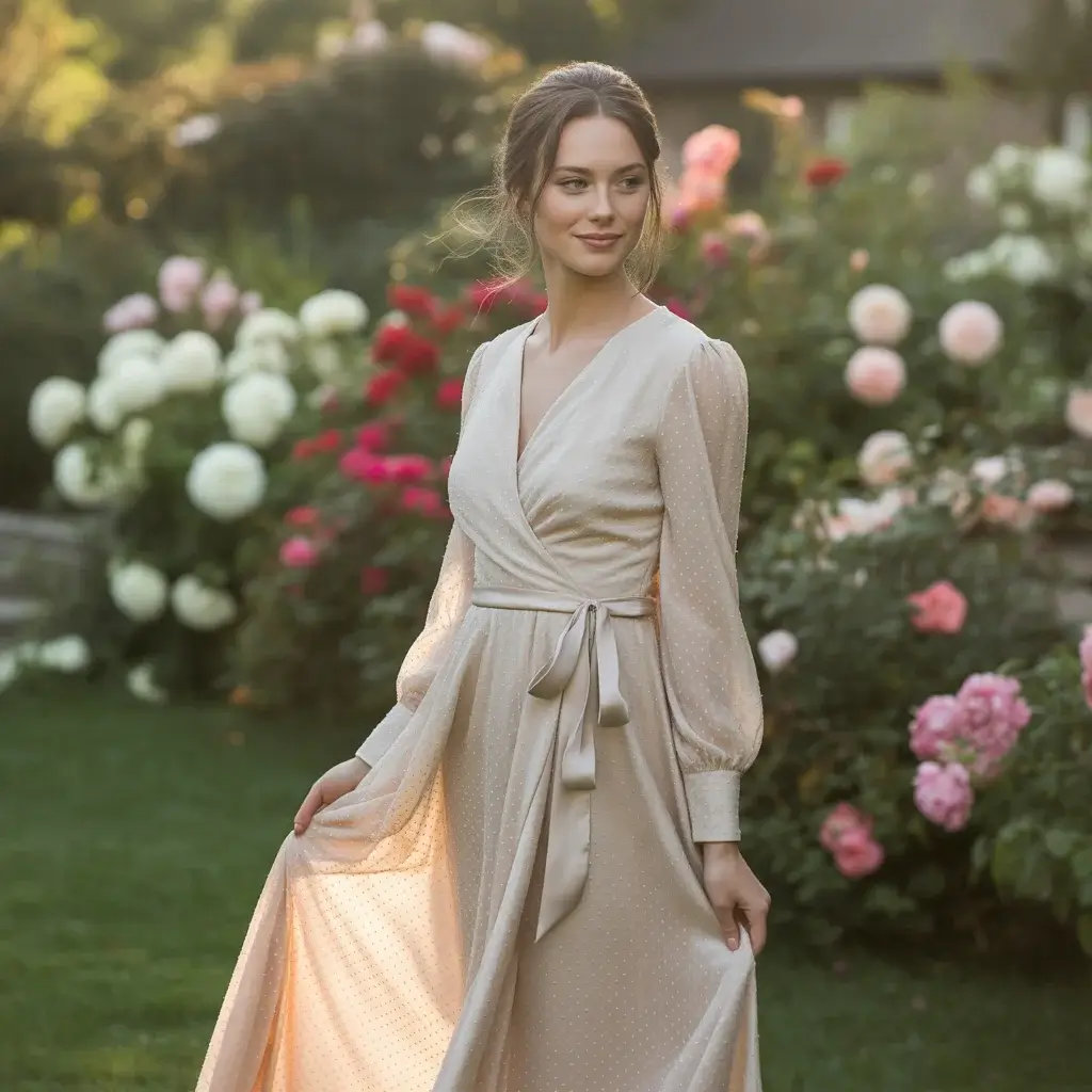 Champagne Wrap-Style Dress with Long Sleeves