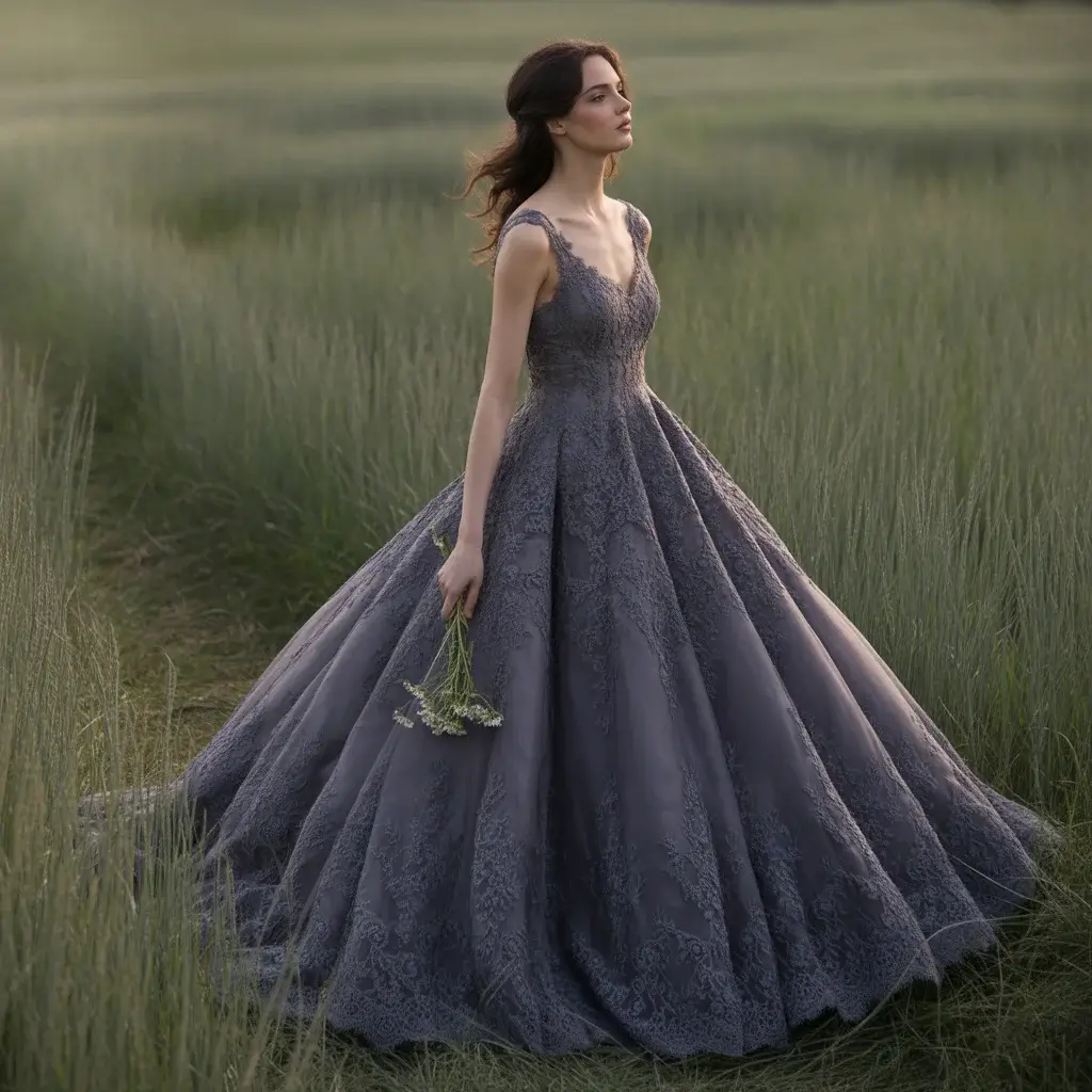 Top 15 Grey Bridal Dresses That Are Breaking Traditional Wedding Rules 3 Charcoal grey A-line lace gown with intricate detailed patterns