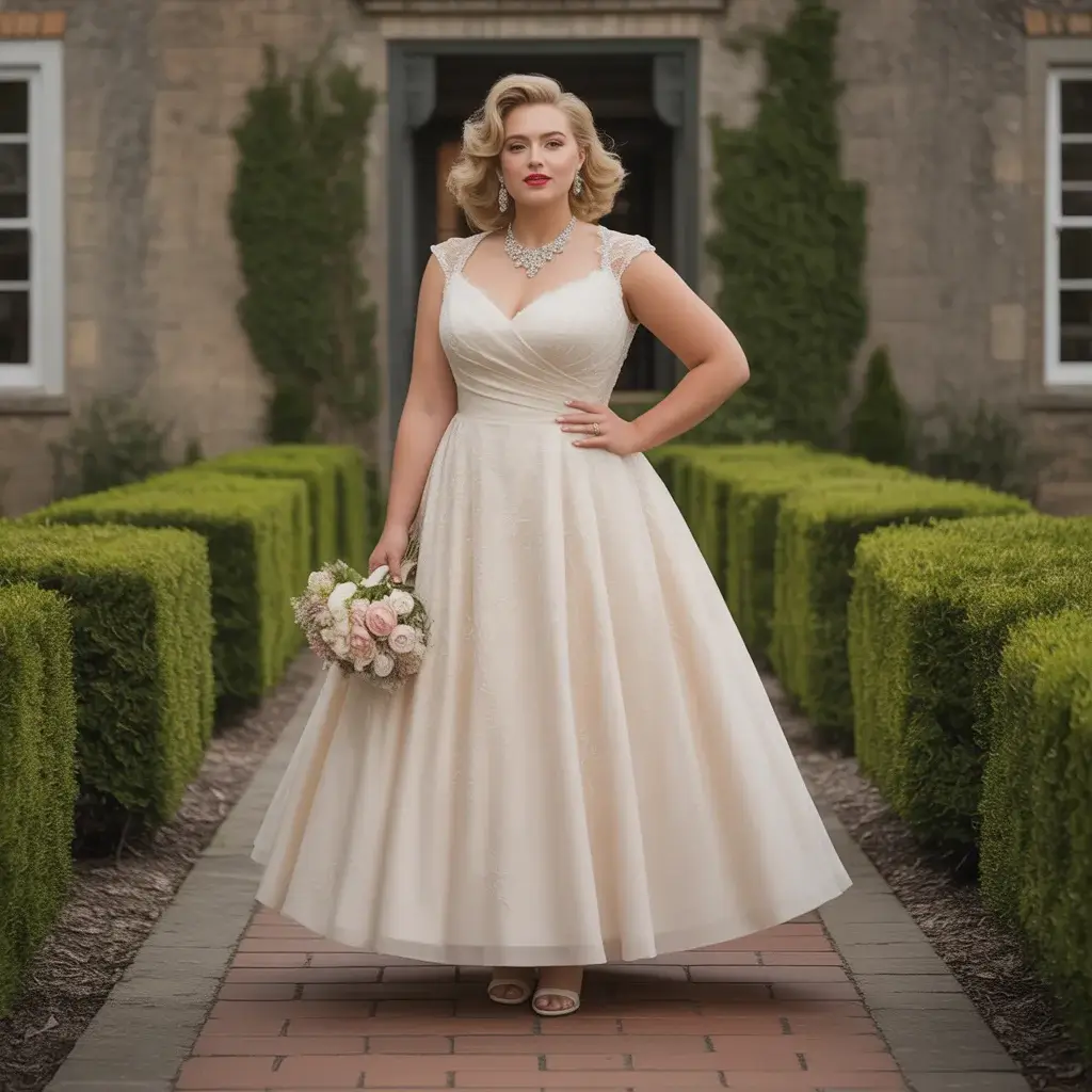 Charming tea-length plus size wedding dress with vintage appeal and comfortable length