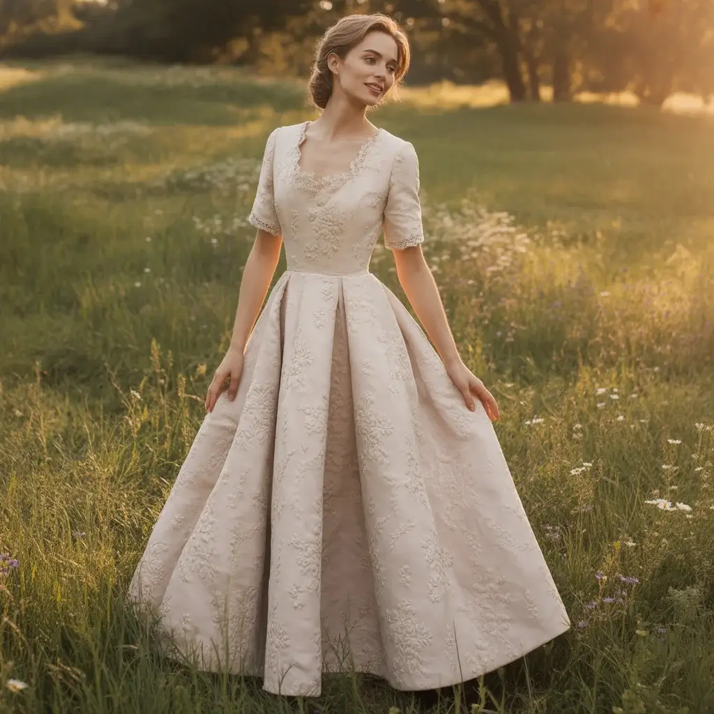 13 Jacquard Wedding Dresses Brides Are Saving 6 Charming vintage-inspired tea length dress with brocade jacquard details