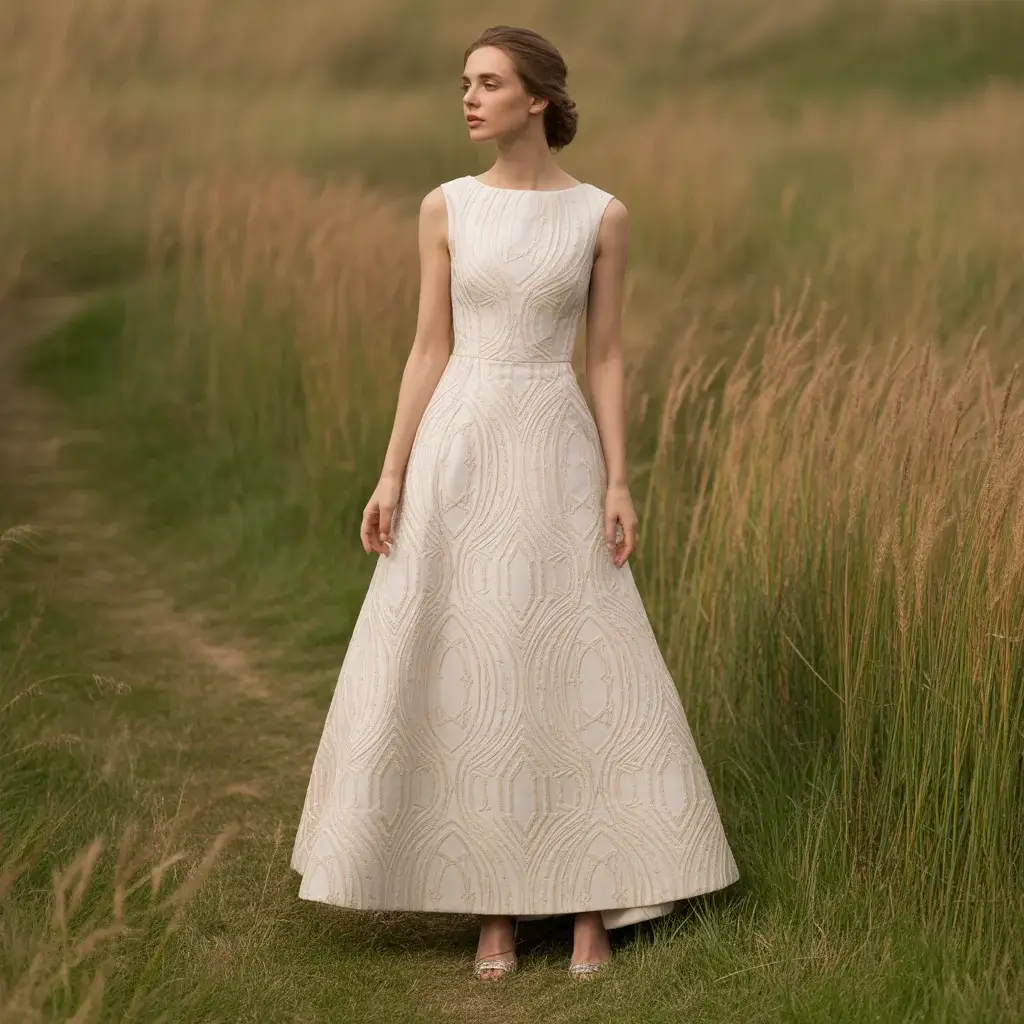 13 Jacquard Wedding Dresses Brides Are Saving 8 Chic sleeveless sheath dress with embossed geometric jacquard pattern