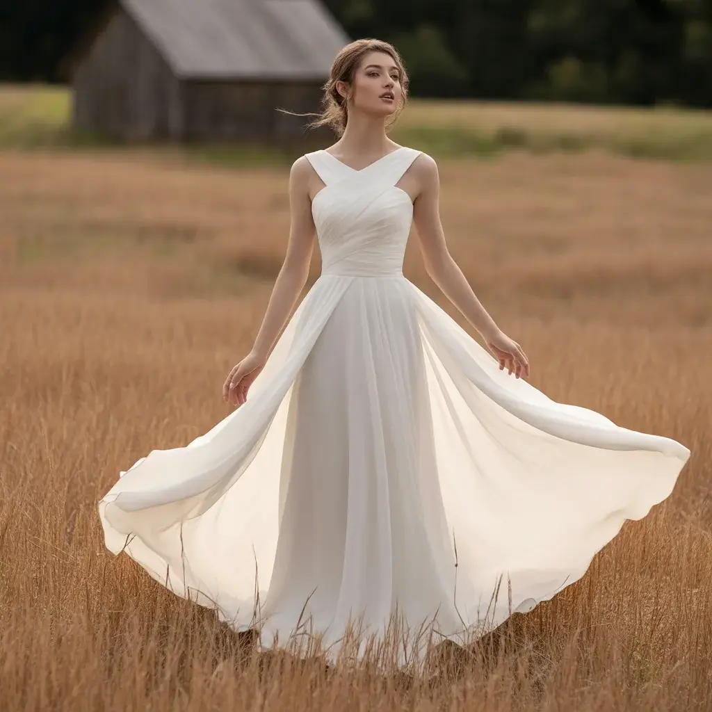 Chiffon Cat Eye Bohemian Wedding Dress With Flowing Movement And Structured Angular Neckline