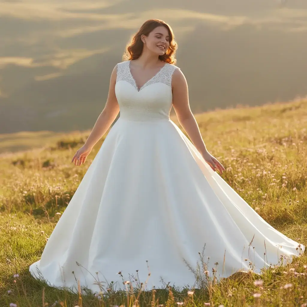 Classic A-line plus size wedding dress with fitted bodice and flowing skirt