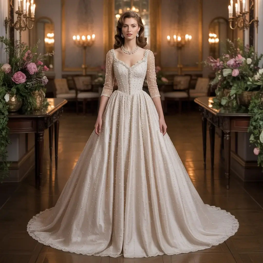 Classic A-line wedding dress with intricate pearl embellishments and three-quarter sleeves