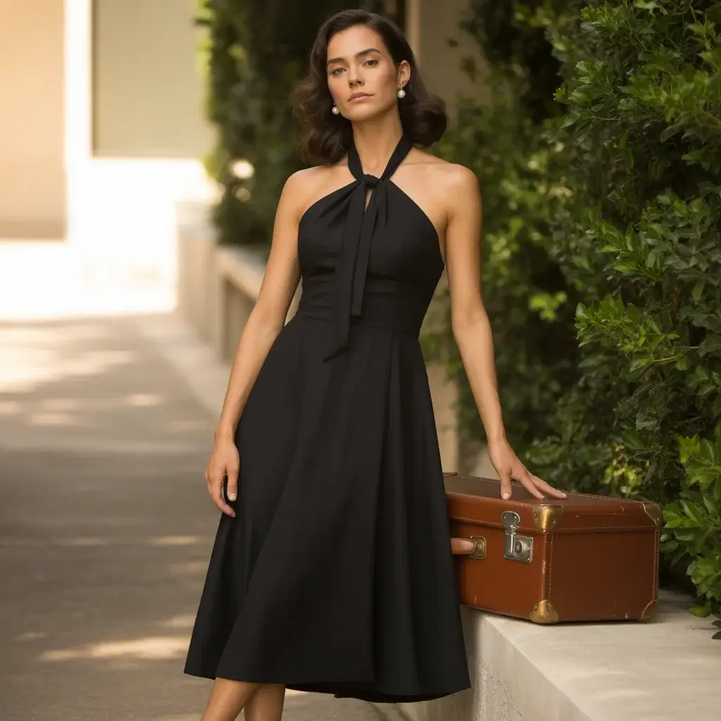 13 Halter Neck Dresses for Wedding Guests 2 Classic Black Halter Midi Dress with Tie Detail