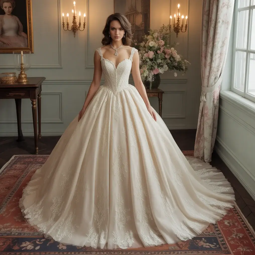 Classic Lace Ballgown with Queen Anne Neckline