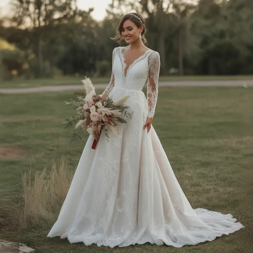 15 Long Sleeve V Neck Wedding Dresses Brides Are Pinning 2 Classic Lace Long Sleeve V Neck A-Line Gown