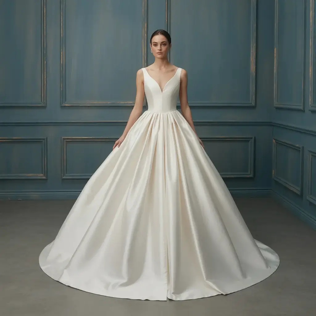 Classic Vera Wang inspired ballgown with perfect proportions and luxurious fabric construction