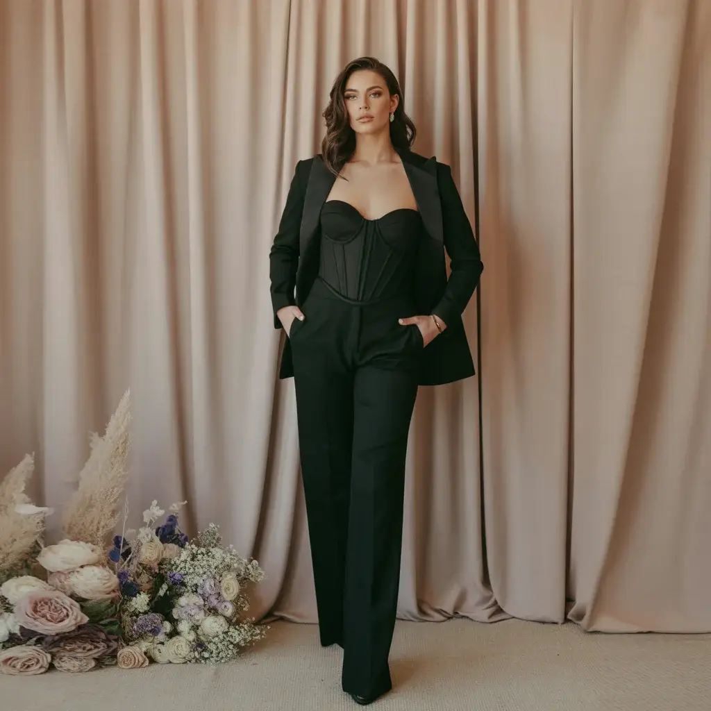 Classic black tuxedo wedding suit with fitted corset bodice and tailored pants