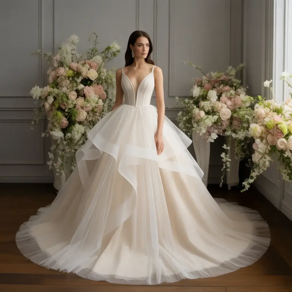 Classic ivory ballgown wedding dress with cascading tulle layers and fitted bodice inspired by Bride Wars