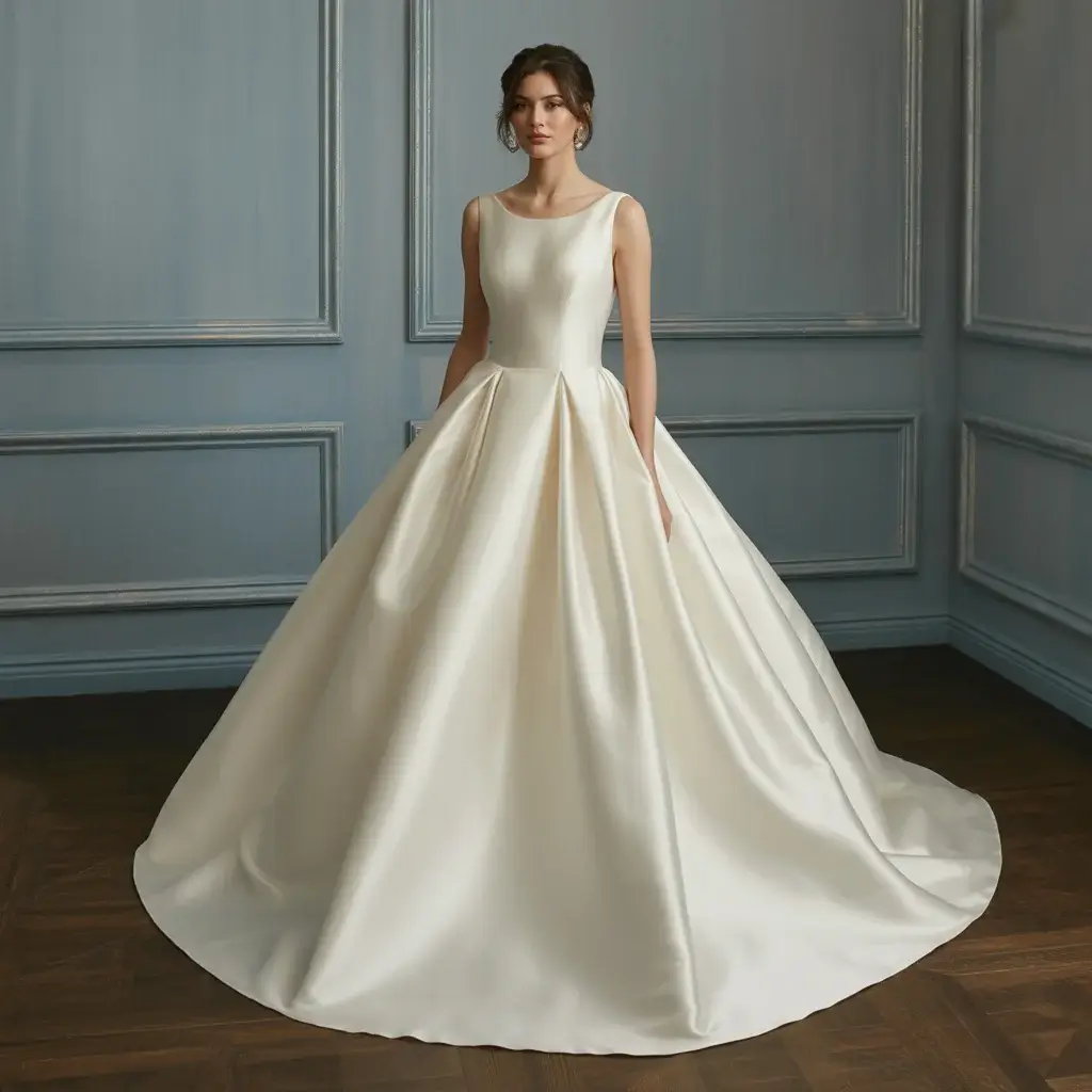 Classic white silk organza wedding dress with structured bodice and full flowing skirt