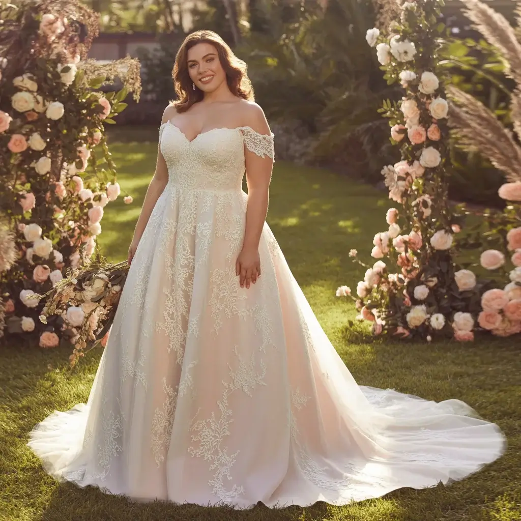 Top 13 Plus Size Wedding Dresses to Hide Stomach That Brides Are Pinning Right Now 12 Cold-Shoulder Lace with Cathedral Train