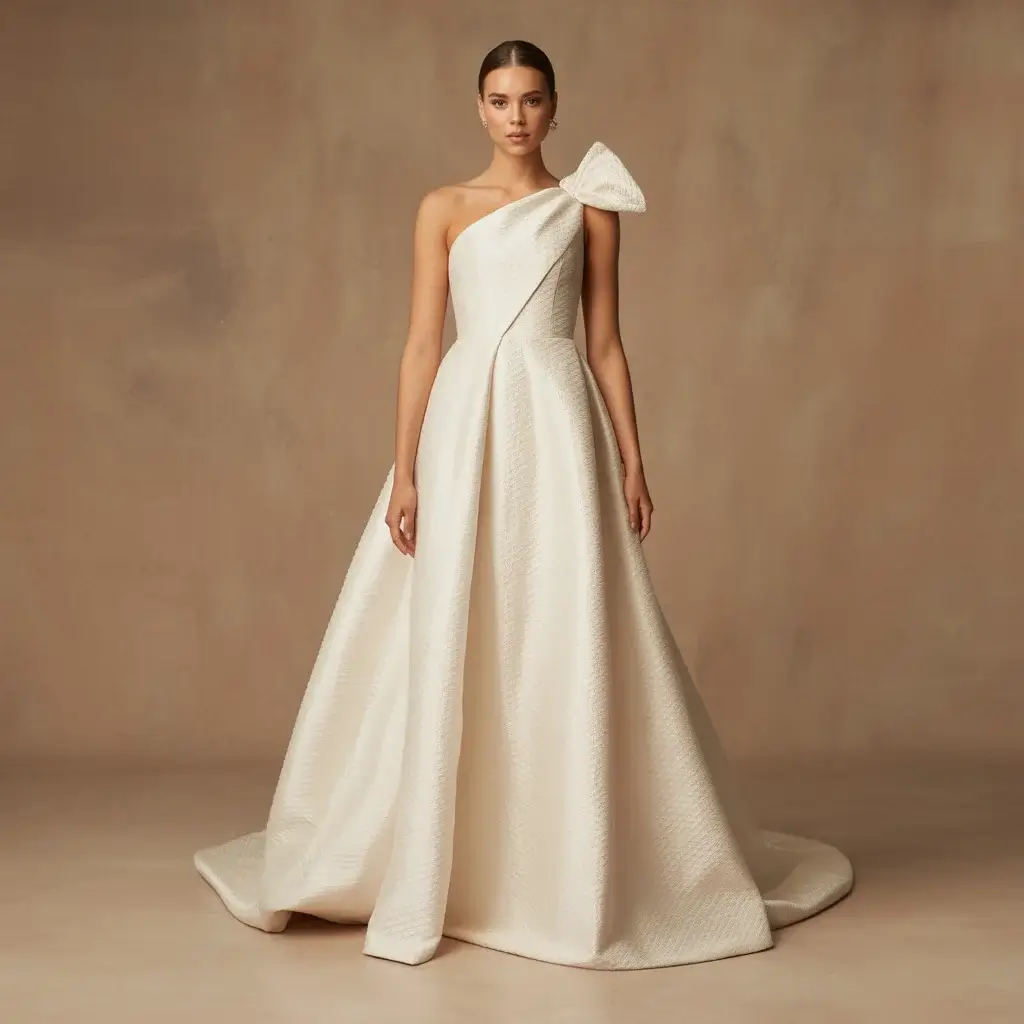 13 Jacquard Wedding Dresses Brides Are Saving 14 Contemporary asymmetrical one-shoulder dress with modern jacquard weave