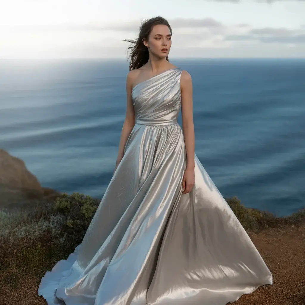 Contemporary asymmetrical silver gown with one-shoulder design and innovative draping