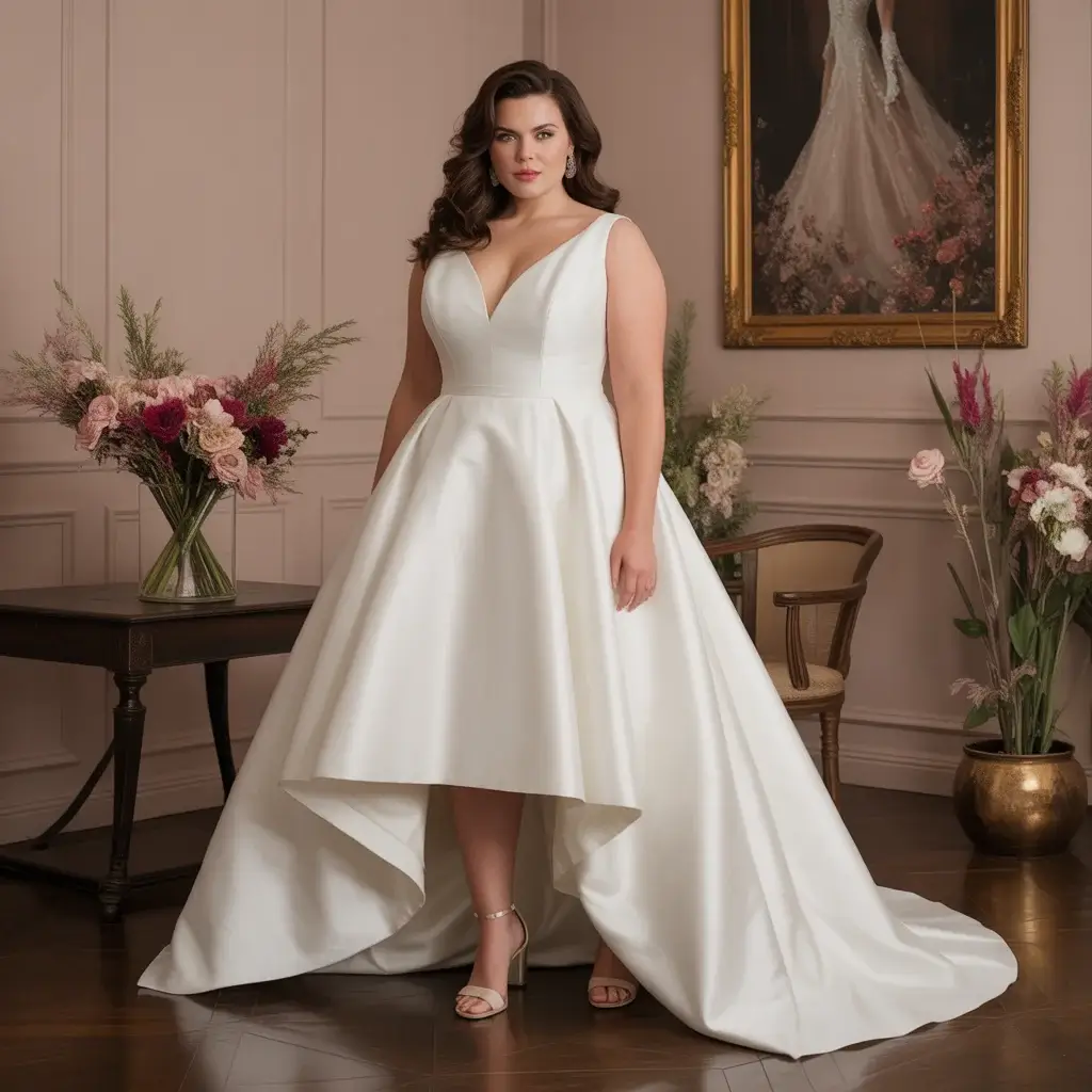 Contemporary high-low hem plus size wedding dress with asymmetrical elegance