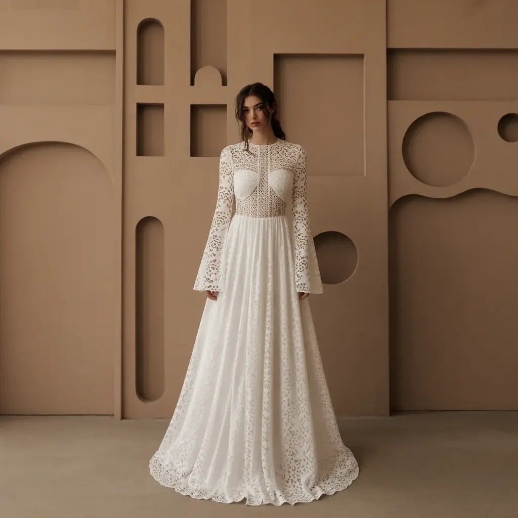 Contemporary long sleeve lace boho dress with strategic cutout details and modern architectural elements