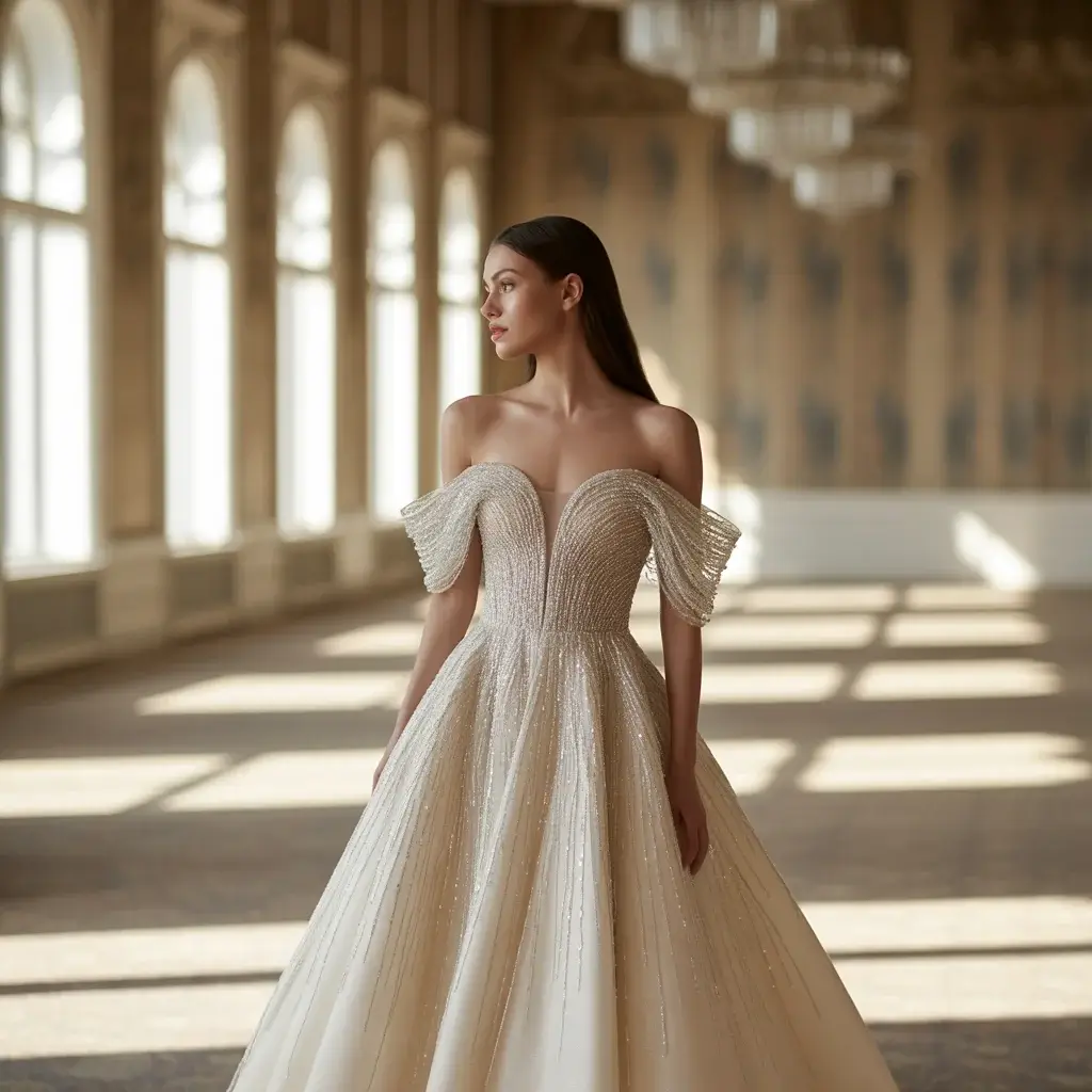 Contemporary wedding dress with bold crystal shoulder embellishments and off-shoulder design