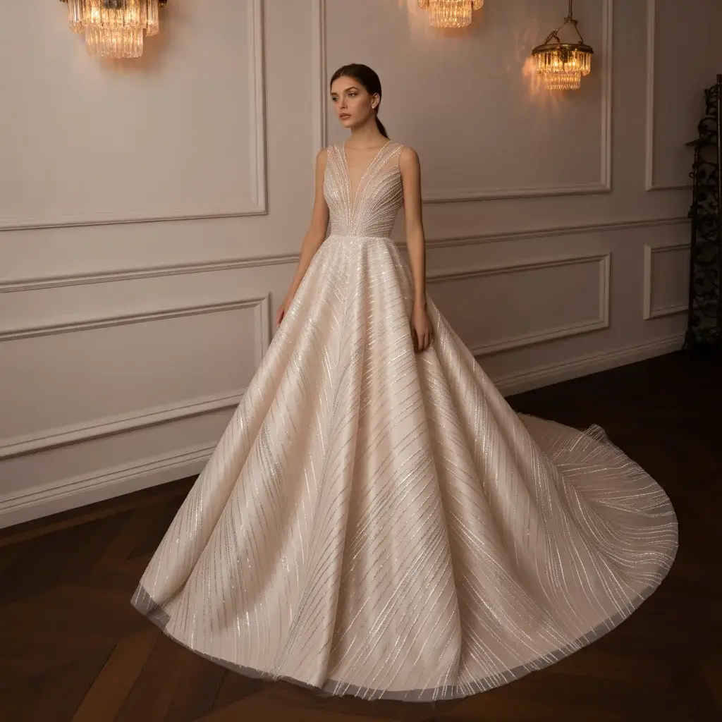 Contemporary wedding dress with bold geometric crystal patterns and modern artistic design