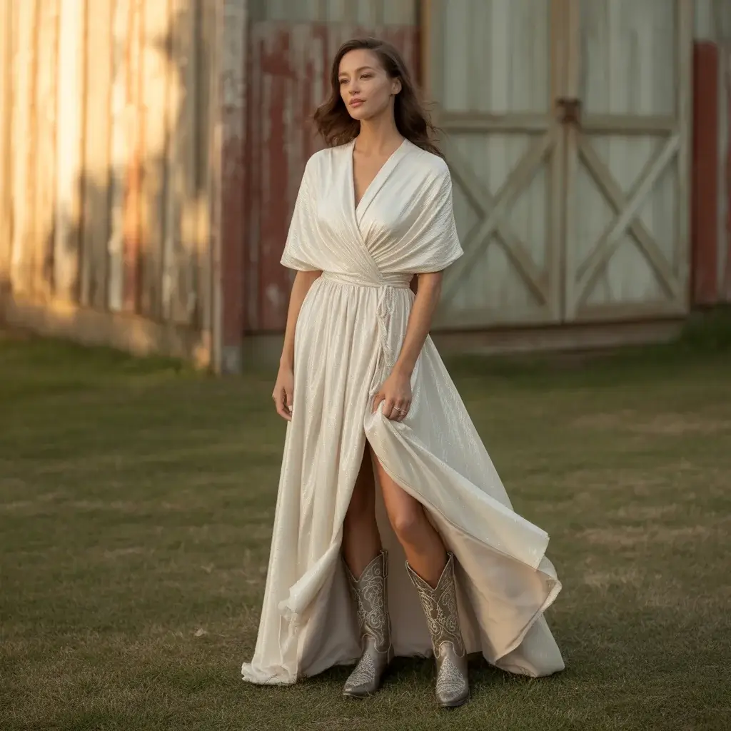 Convertible wrap wedding dress in soft fabric with metallic finish cowboy boots