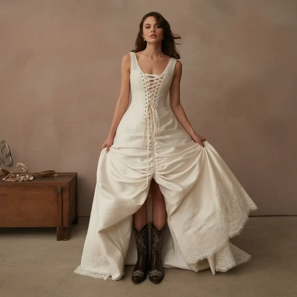 Corset-back wedding dress with lace-up detailing and Western boots with decorative buckles