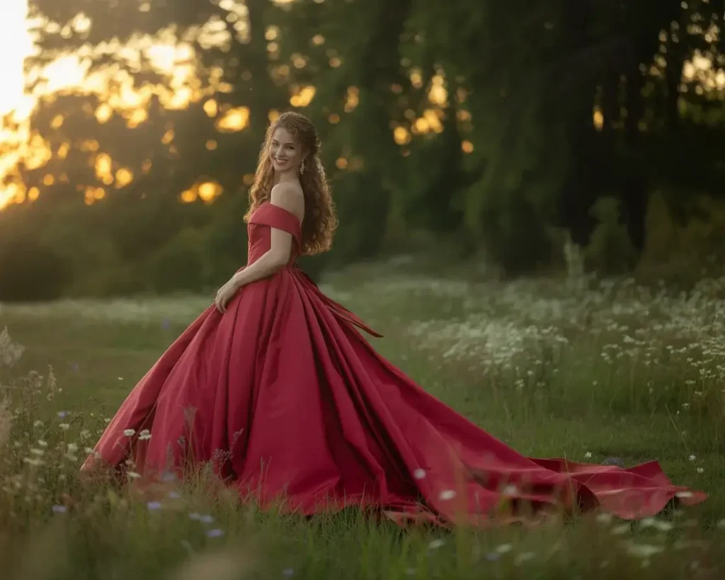 Crimson Taffeta Ball Gown with Cathedral Train