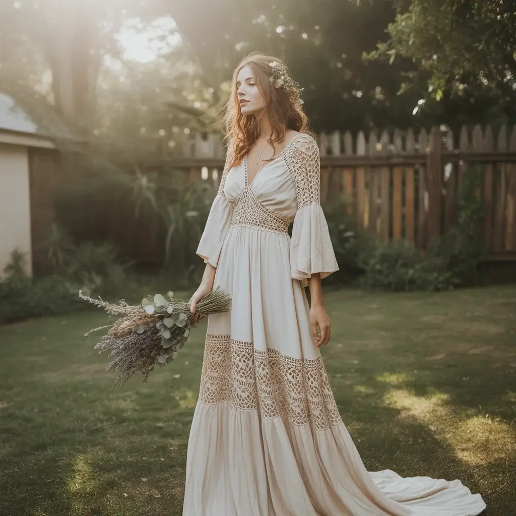 Top 15 Backyard Wedding Dresses That Are Pinterest Favourites Right Now 11 Crochet detail bohemian backyard wedding dream dress.